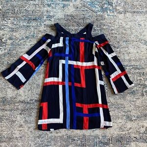JAX red, white and blue cold shoulder shift dress